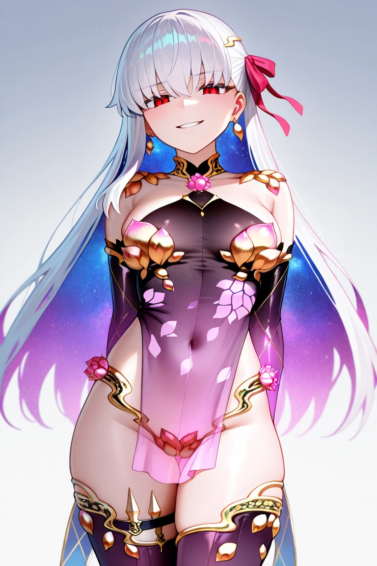 kama \(fate\), kamaadult, kamacostume, long hair, big boobs, masterpiece, best quality, 1girl, <lora:kamaa:0.9>, looking at viewer, arms behind back
