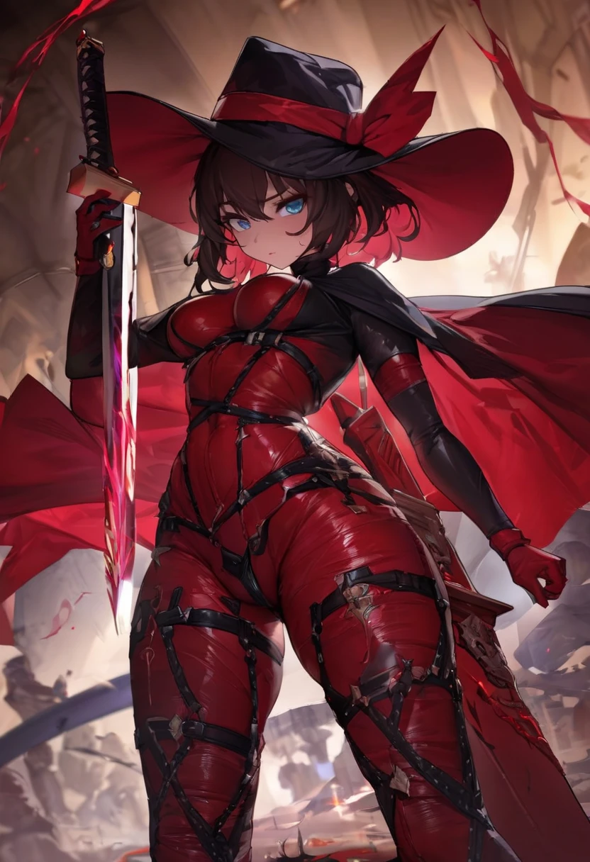 (A true masterpiece with the best quality), 1girl, full body, megumin konosuba, megumin, collarbone, black choker, fingerless gloves, black gloves, long sleeves, red dress, brown boots, brown cape, witch hat, brown belt, zettai ryouiki, skindentation, asymmetrical legwear, mismatched legwear, thigh high, bandaged leg, village, water, nature,