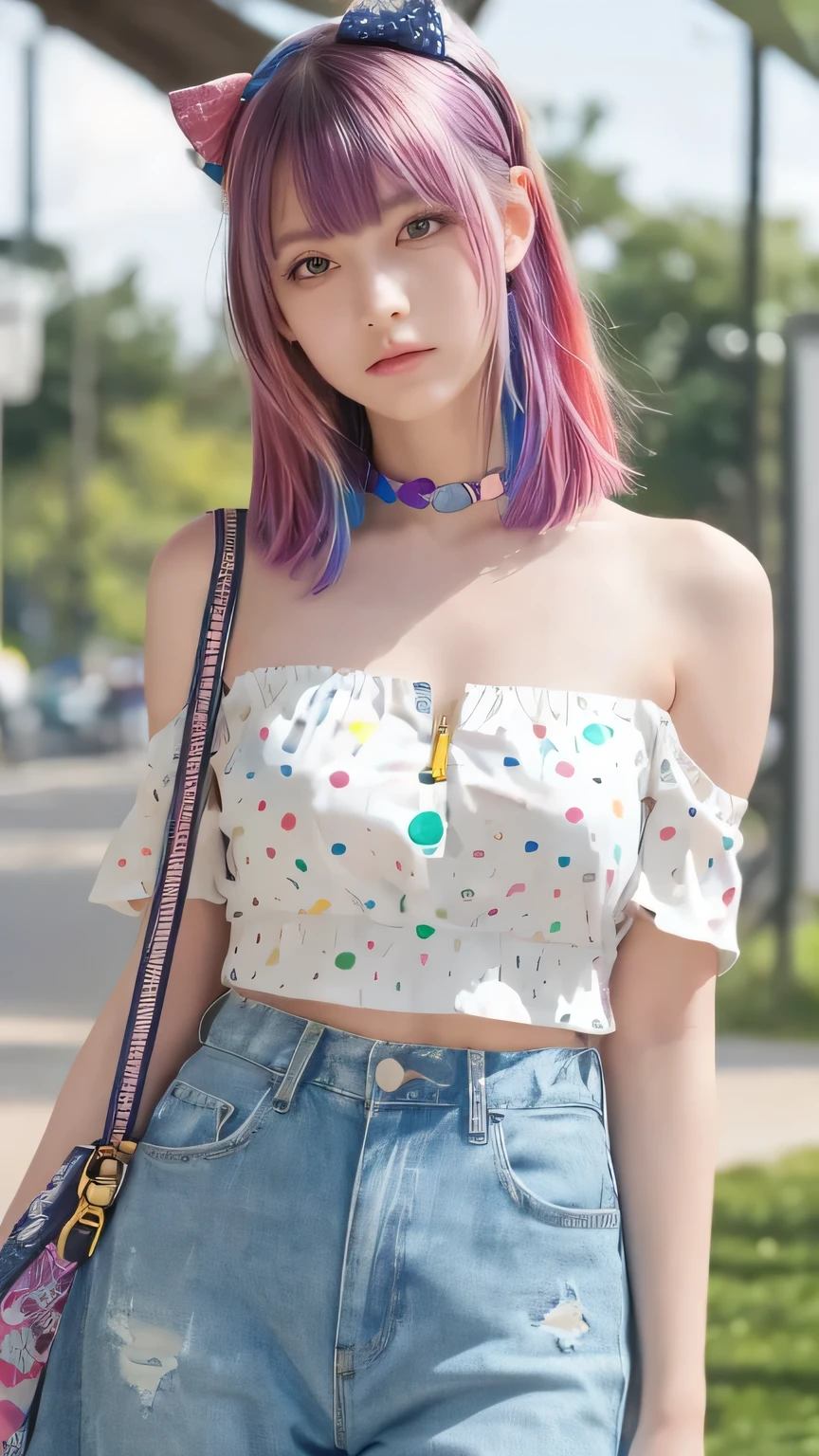 (((masterpiece))),(((best quality))),((ultra detailed)),(illustration),(dynamic angle), ((Floating)),(paint),((disheveled hair)), (Alone ),(a full body girl), ((small_breasts)), ((( detailed animated face ))),((beautiful detailed face)),collar,bare shoulders jar, white hair, ((colored hair)),(( headband )), beautiful detailed eyes,(Gradient color eyes),(((colorful eyes))), (((colorful background))),((( high saturation ))),((( surrounded by colorful splashes ))),(((surrounded by colorful dots))),colorful bubble,((brilliant)), Reading a book, a confident young woman with light blue, pink, and purple multicolored hair styled with a yellow headband, wearing a blue off-shoulder dress with floral patterns and a collar, set in an outdoor urban or park setting with modern architectural elements in soft focus, natural daylight with golden-hour tones, one hand behind head, the other gently pulling her hair, head turned slightly to the side with a pensive expression, white earphones, light green cropped top short T-shirt revealing the lower chest with bold black text ("Living the Dream"), low-rise unbuttoned unzipped jeans partially undone.
