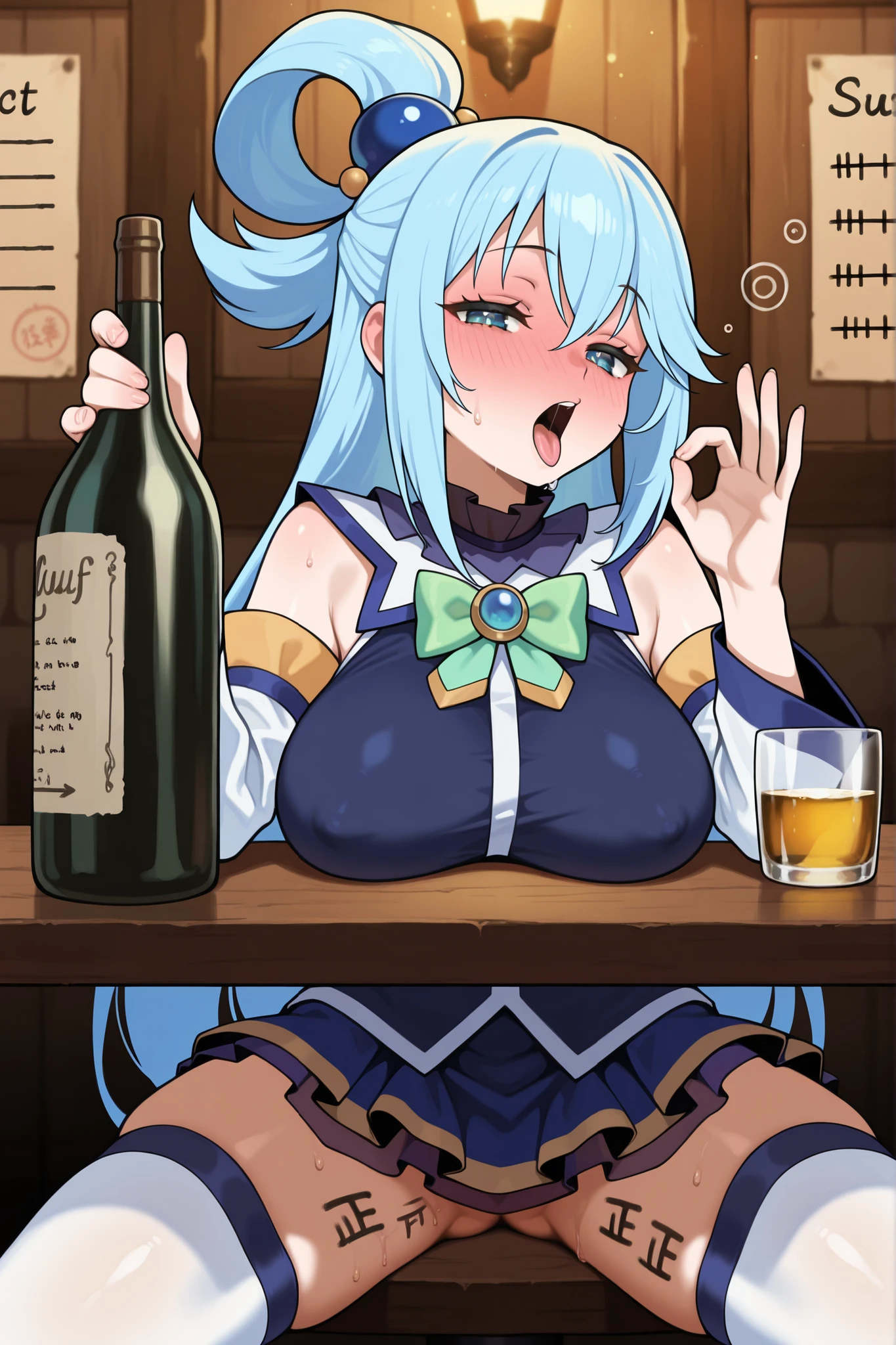 masterpiece, best quality, amazing quality, absurdres, highres,anime screencap, 1girl, AEAquaDef, blue eyes, blue hair, single hair ring, hair ornament, green bow, blue shirt, sleeveless, detached sleeves, White sleeves, blue skirt, miniskirt, White thighhighs,curvy,large breasts, drunk,Traven, medieval ,night,naughty_face ,sitting,on table,fellatio gesture,look at viewer,moving hand,covered nipples ,spread legs under table,alcohol bottle ,no panties,tally,price_list ,sweat