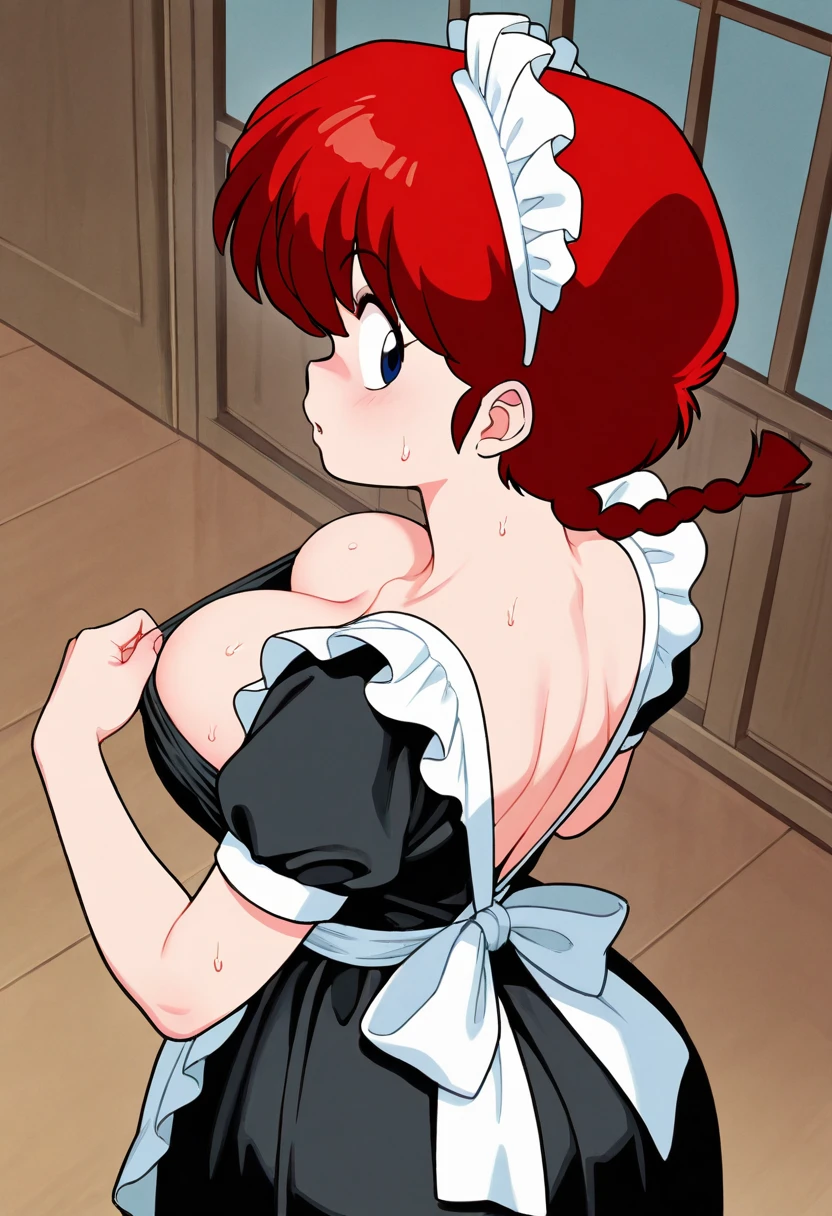RanmaChan, Cabello rojo, traje maid sexy, pechos grandes, cuello, falda, escote grande, cuerpo completo, pezones, Masturbation, ojos perdidos mirando hacia arriba, mucho semen embarrado en los pechos, semen encima de los pechos, semen en la cara , facial, sexo duro, sexo vulgar, hentai 