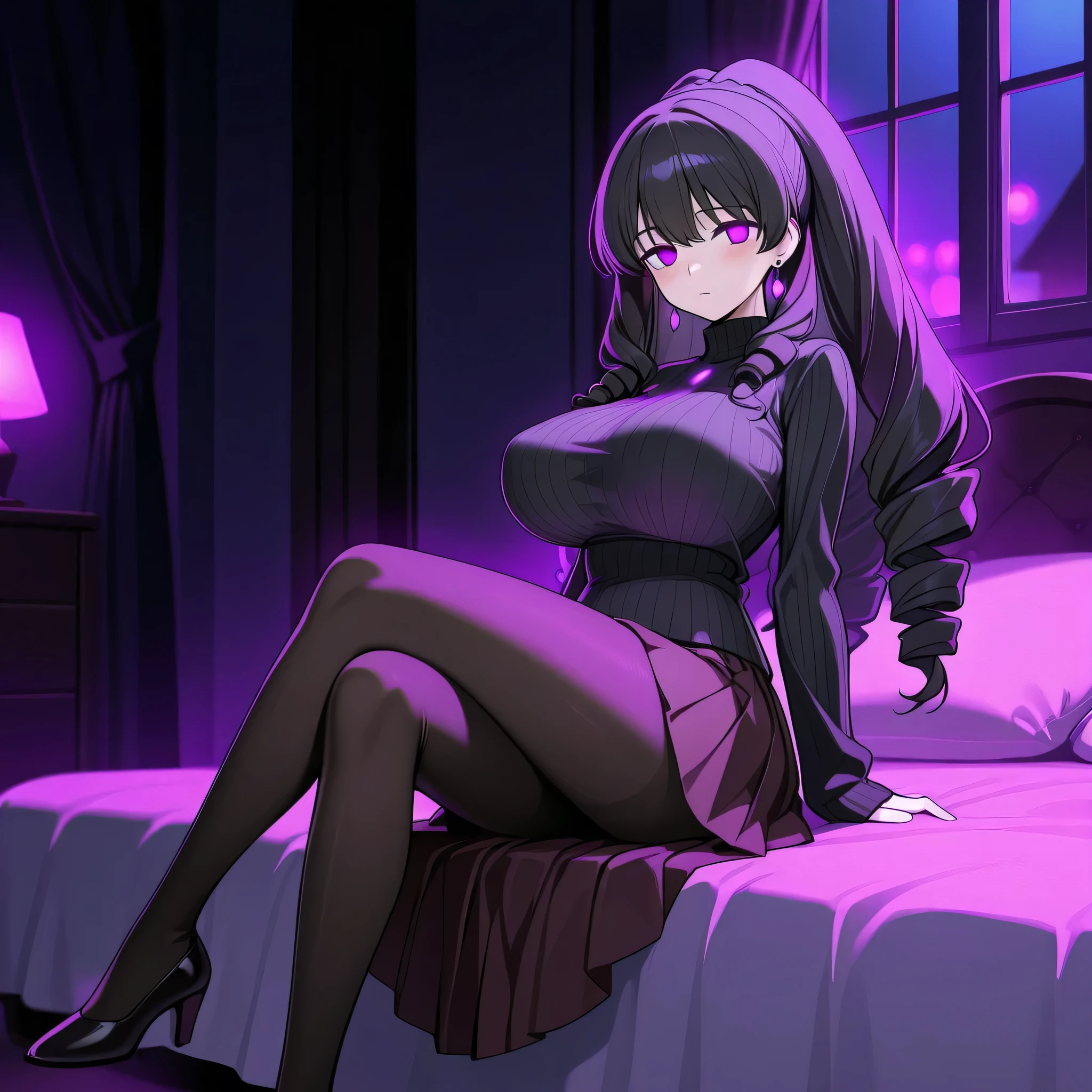 score_9, score_8_up, score_7_up, 1girl, solo, (top quality, 8k), high resolution, smooth, best quality, highly detailed, looking at viewer, bedroom at night, window with purple light, (dark room), huge breasts, covered breasts, glowing hypnotic waves in the background, at night, ((perfect hands)), beautiful hands, ((slim fingers)), expressionless, masterpiece, high quality, absurd resolution, beautiful hands, blush, hypnotic eyes, glowing purple eyes, empty eyes, black sweater, turtleneck sweater, ribbed sweater, taut clothes, brown pleated skirt, black pantyhose, perky breasts, high heels, being hypnotized, full body shot, v_arms, hand on bed, leaning back, crossed legs, sitting in bed, jewelry, earrings, Yotauba Maya, black hair, drill hair, very thin legs, long legs