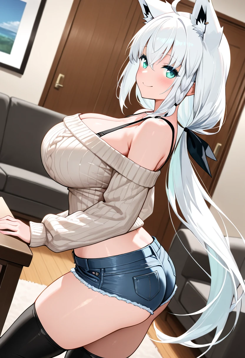 (((SHARP detail perfect face))), big breasts, (nice hips), detailed skin, ((masterpiece)), best quality, (SHARP details), 4k, ((female gladiator)), ((dark skin)), (cat ears), (cat tail), (platinum hair), (slave collar), (((sweater))), amber eyes, looking at viewer, standing, (tall woman), long hair, tomboy, (mature woman), ((Woman taller than viewer)), (sitting), (watching tv), (view from side), couch, blue jeans,