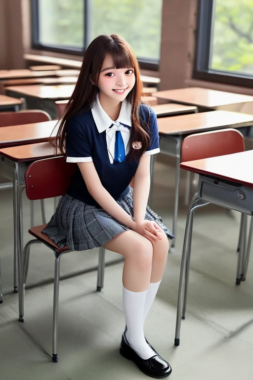 (Best-quality, Masterpiece, Ultra-High-Resolution, (Photorealistic:1.4), Raw Photo, depth of field, professional lighting, perfect anatomy, extremely details, perfect face, perfect hands, perfect fingers, perfect body), front view, from below, 1girl, 12-years-old, the most famous Japanese idol, (wearing school-uniform with cute design, short sleeve shirt, pleated skirt, socks, loafers), sitting on school-chair in classroom, ((open thighs widely)) (extremely cute face like the most popular Japanese idol, (extremely cute and extremely big eyes), extremely cute hair, extremely cute skins), extremely cute long-eyelashes, extremely cute lips, innocent smile, looking at viewer