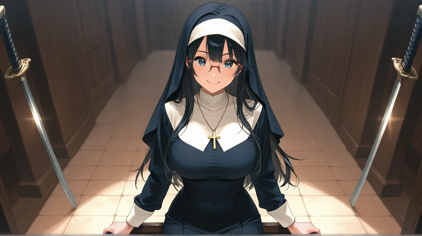 masterpiece, best quality,1girl, (breasts:1.1)sagging breasts, black hair, gold eyes ,nun, church ,cross necklace ,bodysuit ,shiny cloth ,holding book. Sunset 