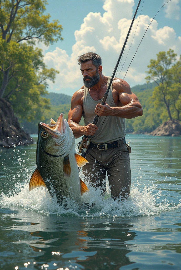 A ultra realistic photo of an insanely handsome hunky 30s sexy attractive hunk fisherman by the ocean, full body, very hairy body, big beefy man, ripped checkered, exposed hairy body, tanned, raunchy, toned body, beach, running, action shot, summer, sunny, soft lighting, muscular, extremely charming, kind smirk, dimple, fishing tools, boats, fish by Craig Mullins, Greg Rutkowski, painterly style, central composition, big nose, big hands, light brown hair, insanely handsome.