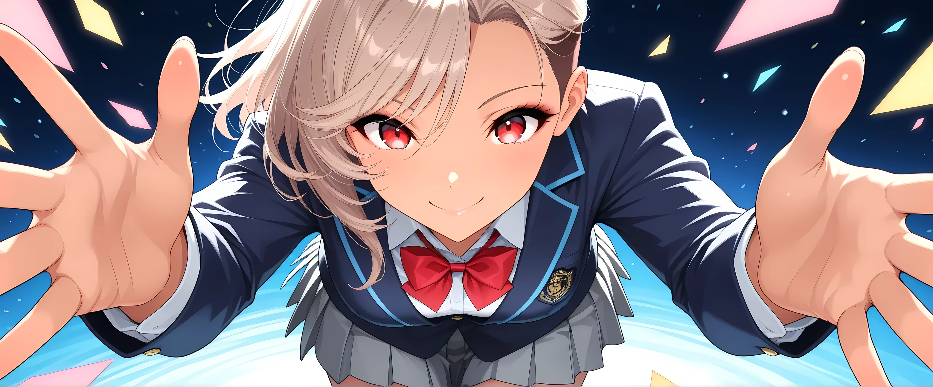 (1 girl, smile, Glossy Lips), beautiful digital illustration, with attention to detail, (Beautiful Kurodan , school uniform, navy blue blazer, shirt, Red bowtie, gray pleated skirt), Super shiny skin , slender, beautiful face, beautiful eyes on my stomach, round eyes, long lashes, (Mirai Edosaki, light brown hair, undercut, asymmetrical hair, red eyes, brown skinned), Extremely Detailed, waving hands, is so lovely, colorful, lively, look at the viewer , cowboy shot, high image quality, very aesthetic, Highest Quality, masterpiece.
