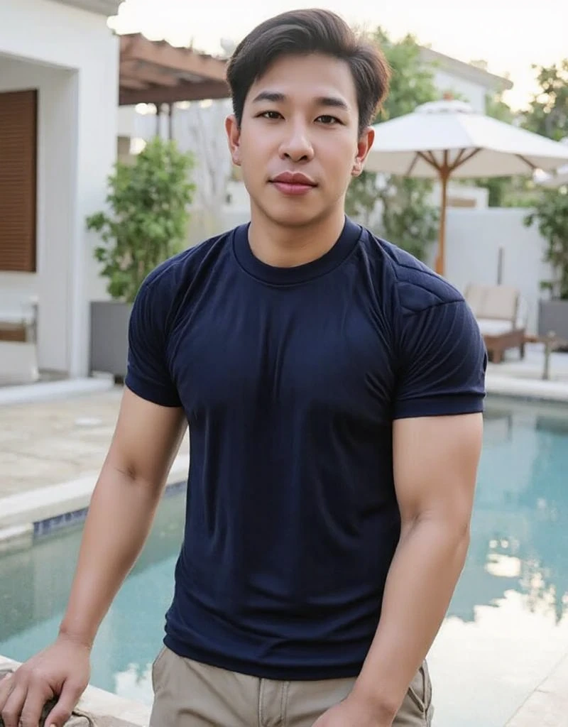Thai man ,man，He is about 30 years old.，Rough and handsome appearance，Big muscleuscleหน้าอกขนาดใหญ่，(black polo shirt park:1.3)，Big waistline，chest hair，sitting on the roadside，Wearing the tongs，buzz cut, angry, sullen, best quality, Masterpiece，(outdoor background road :1.5)，（Have muscles：4.5），（fat：1.5），（gray hair：1.5 ），（gray body hair：1.5），（skin wrinkles：1.5），（shine on the skin：1.5），(best quality,High resolution,Masterpiece:1.2),The eyes are natural and delicate.,1 person,alone,gay asian,muscle,Long legs,brave,short hair details,conjunctivitis ,stalwart,brown eyes,In the swimming pool,