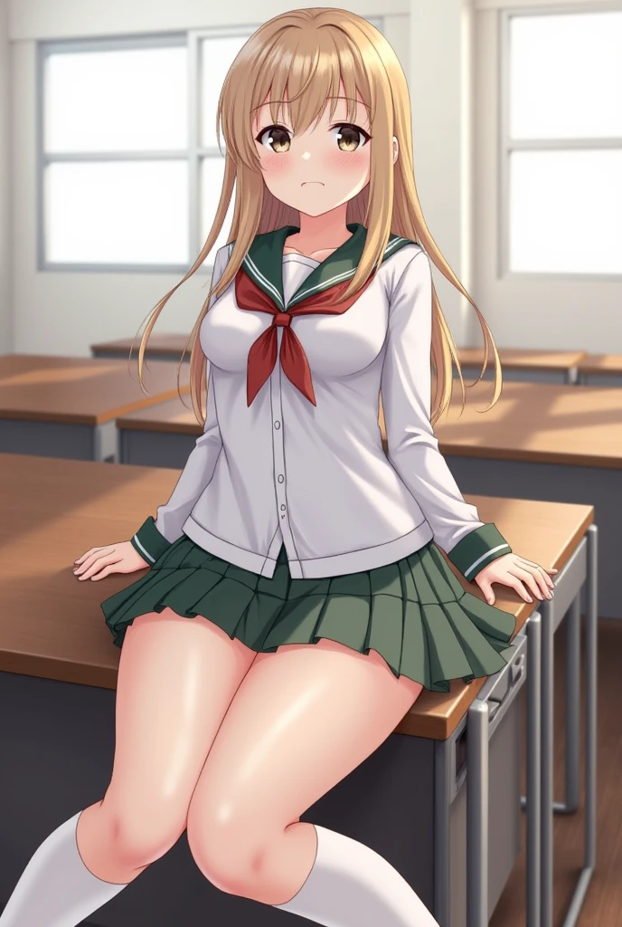 Mount Karatsu, Hachime Yukana, Long hair, Bangs, Blonde hair, hair between eye, (Green eyes:1.5), poneyTail, multicolored hair, Scrunchie, ハイ poneyTail, lip stick, gals, コgals, makeup,
BREAK skirt, Shirt, Jewelry, School uniform, 鎖骨, White Shirt, Pleated skirt, Collared Shirt, Miniskirt, 手链, Green skirt,
BREAK looking at viewer, full body Esbian,
BREAK indoors, crass room,
BREAK (masutepiece:1.2), Best Quality, High resolution, Unity 8k壁纸, (Illustration:0.8), (Beautiful detailed eyes:1.6), extra detailed face, Perfect Lighting, extremely details CG, (Perfect hands, Perfect Anatomy),with no underpants，Vacuum exposure，masturbation，with no underpants，Revelation，The vaginal opening is Exposed，Vaginal opening valgus，Scratches，masturbation，Masturbation behavior，incontinence，Milk，Exposing the vaginal opening，Vaginal opening，Exposed ，（Nude 1.5），Vaginal opening，Vaginal opening，