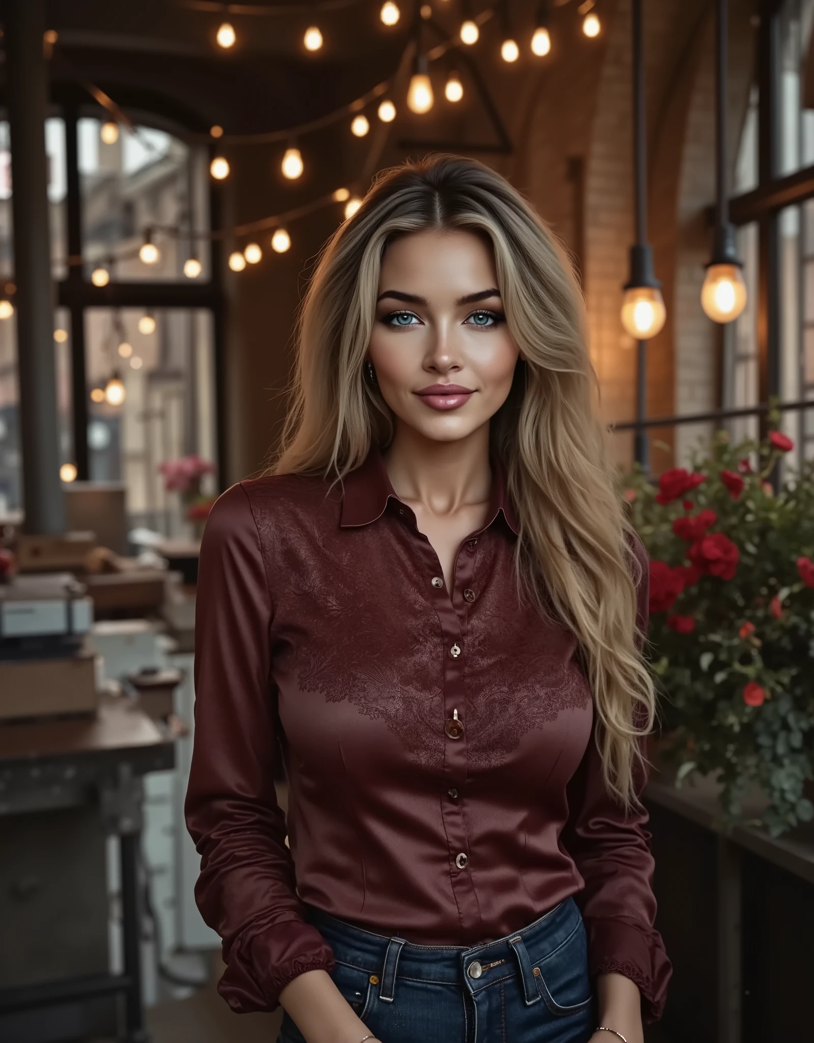 Foto hiperrealista en primer plano de smiling woman, masterpiece, best quality, happy, smile, (photorealistic:1.4), (luxury long button up lace shirt :1.15), (blue jeans:1.2), cinematic light, wavy hair, in a old abandoned factory, amber twinkle lights in background, romantic lighting, (surrounded by flowers:1,15)