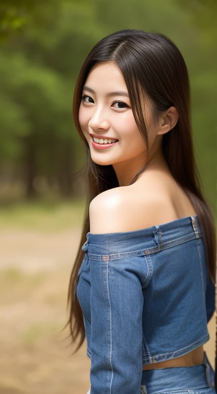 Best picture quality, Masterpiece, Ultra high resolution 8K, photograph, Asian girl smiles slightly, wearing old, ripped jeans, short on the ?????.;) Wear a red and blue round neck t-shirt. Wearing a multi-colored red round neck t-shirt. Large breasts, wet and shiny, clearly visible. Abdomen is strong and perfectly beautiful.;) His long hair blows up in the wind, his body is wet, he looks straight at him and acts in various seductive poses.;) Natural countryside, sunlight shining brightly,.. Picture clarity 8k, Taken with a high quality camera 45,000,000 pixels