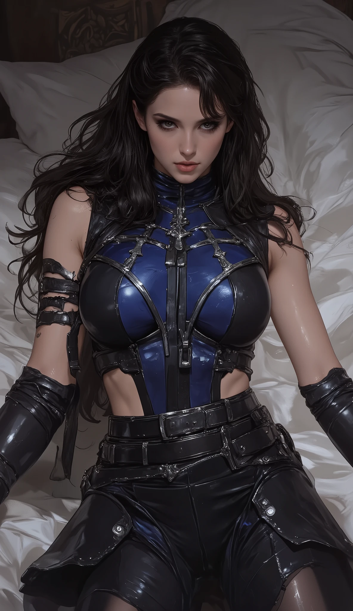 masterpiece, best quality, ultra-detailed, (stunningly beautiful woman:1.3) with (lustrous long black hair:1.2) and (wispy scattered bangs:1.1), (exquisite symmetrical face:1.2), piercing (cold arrogant gaze:1.2), (athletic fit physique:1.1), (flawless alabaster skin:1.2). She wears a (fantasy-style high-neck sleeveless leather breastplate top:1.3) in (dominant sapphire blue and obsidian black, with subtle silver trim and white accents:1.2), revealing a (slender firm waist:1.2), paired with (form-fitting black leather pants:1.2) showcasing her (long, powerfully alluring legs:1.2). (Ornate dark metal bracers:1.1) adorn her wrists. (Posed lazily yet provocatively and sensually on a silk-sheeted bed:1.3), embodying a (seductive and enigmatic fantasy female swordmaster:1.2). Exquisite mature illustration art style, intricate details, dramatic chiaroscuro lighting, sharp focus, professional digital painting reminiscent of WLOP and Frank Frazetta, trending on ArtStation, cinematic atmosphere, dynamic composition, high fashion concept, magical realism.