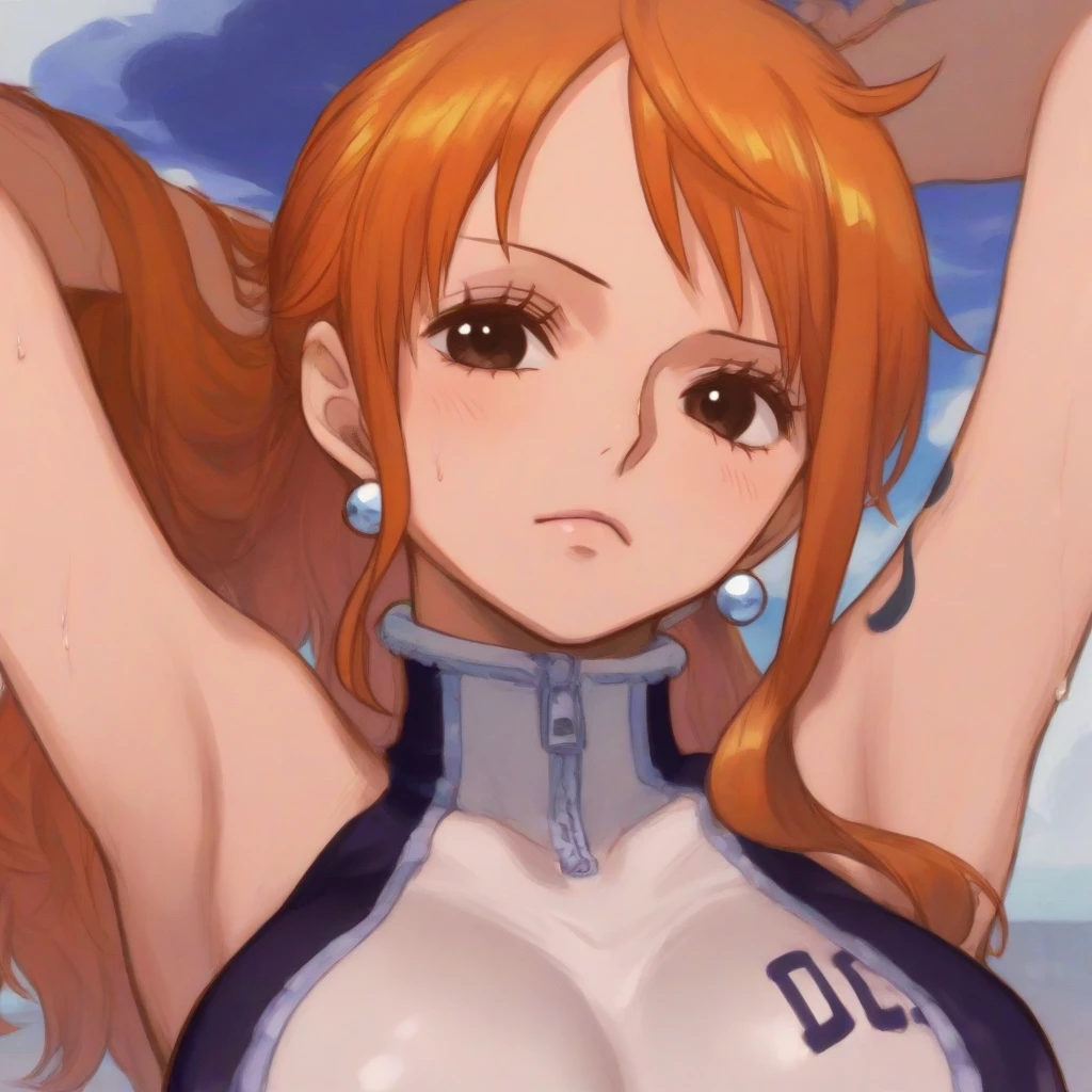 Generate a realistic anime-style image of Nami from One Piece. Capture her distinctive look with orange hair, a shirt, and a cheerful expression. Make sure the picture reflects your adventurous and confident personality as shown in the anime.., whole body, Wide plane , NSFW, Curvy athletic body, Island background,bra top, Skirt, orange eyes, orange eyes, armpits , ass .
