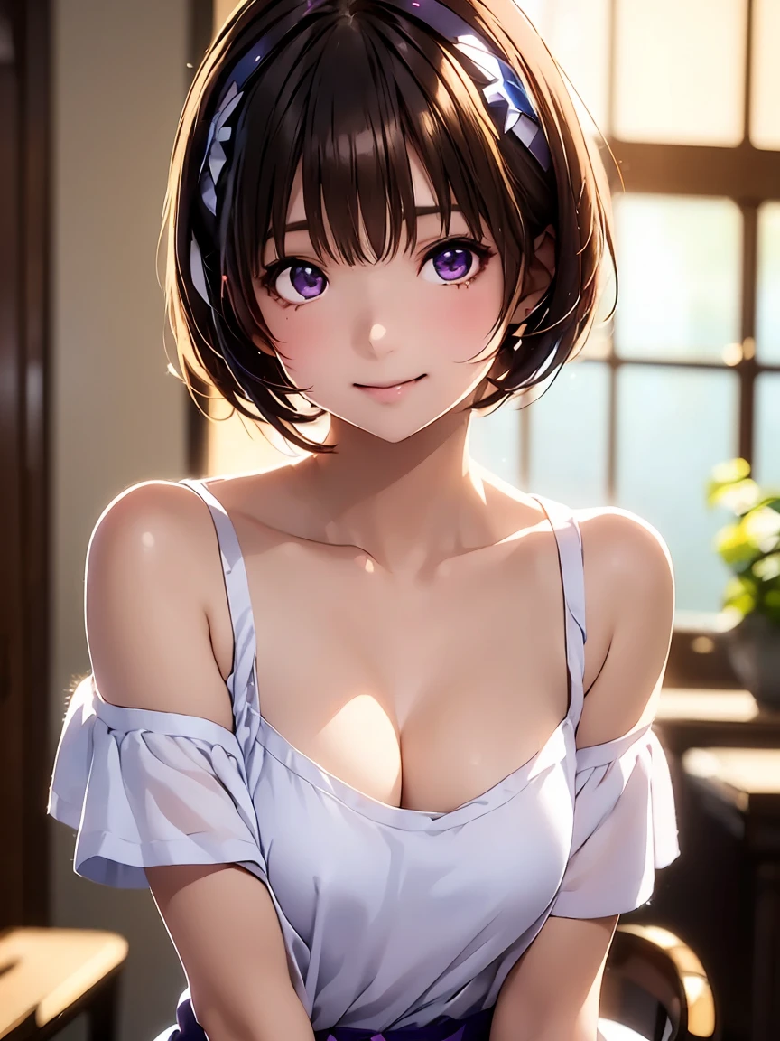 masterpiece, best quality, highly detailed, ultra high res, aichan, large breasts, 1girl, solo, blue eyes, short brown hair, braid, glossy lips, collarbone, wedding dress, necklace, sitting, (light smile:0.8)