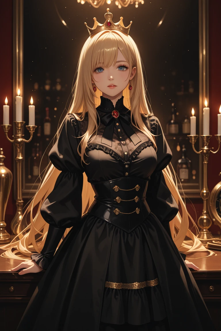 Blonde woman in black dress sitting at the table,With a glass of wine, Anime girl wearing black dress, digital art of an elegant, epic and classy portrait, stunning art style, 8K high quality detailed art, beautiful and seductive anime woman, Beautiful character painting, she holds a glass of wine, elegant digital painting, Detailed digital anime art