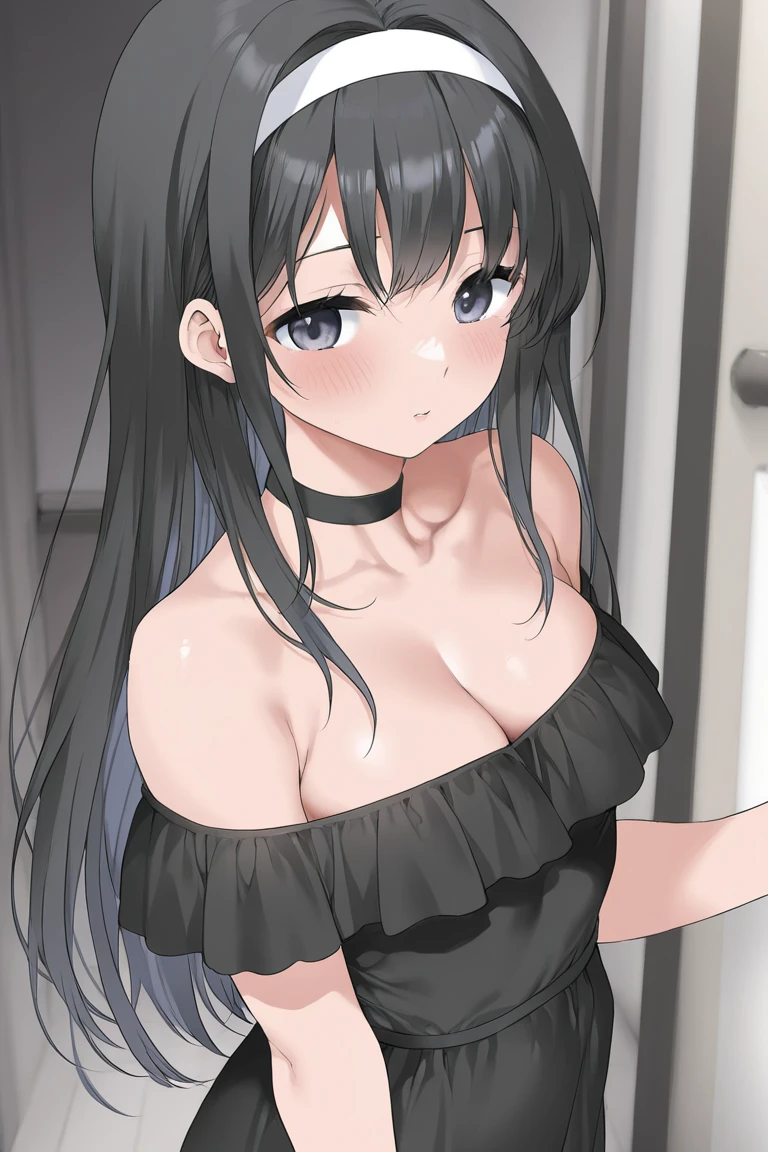 (masterpiece, highest quality, 8k, 16k, high quality, best quality:1.3, absurdres, highres), (masterpiece, best quality:1.2), solo, 1girl, A goth girl with long black hair stands in a dark alley, leaning against a wall, and stares angrily forward