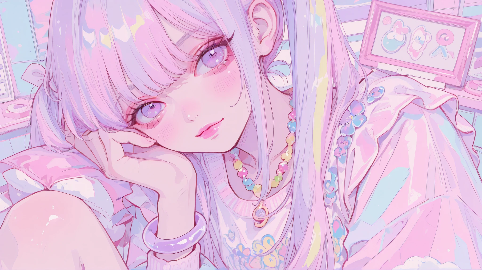 Pastel colors, one girl, 80's attire, cute light purple eyes, pink lips, top quality, pastel hair, long twin tails, one girl, 80's attire, light purple bracelet, colorful necklace,
