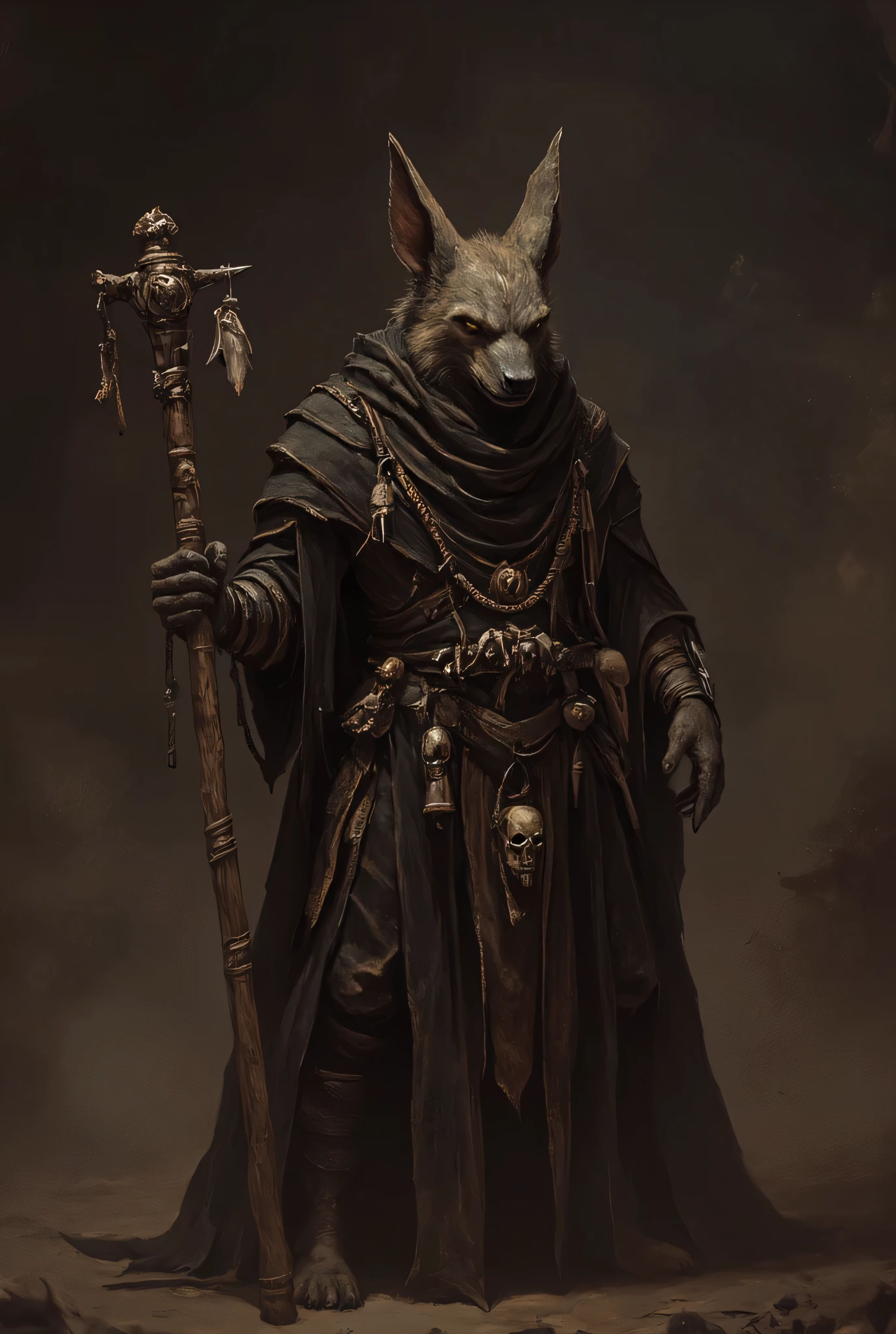 anubis, egyptian myth, character concept art, detailed anubis character, anubis god of the dead, anubis with jackal head, anubis in ceremonial robes, anthr0dnd, Gul'dan, dark fantasy character, minimalist design, 8K, photorealistic, masterpiece, ultra-detailed, vivid colors, dramatic lighting, moody atmosphere, cinematic composition, simple dim background, ethereal elegance, intricate textures, seamless blend of realism and fantasy