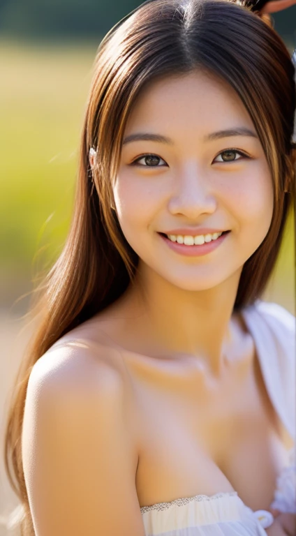Japanese ),((beautiful girl)),cleavage,An expression that imagines something pleasant:1.2,(perfect body beauty:1.2),((perfect body)),(shy smile),beautiful teeth,