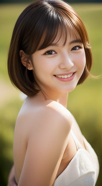 Short Hair Outdoor Fair Skin Disheveled Hair smiling Japan Woman, Super Cute, Soft and Face, Brown Hair, 8K Resolution, Ultra Realistic, Super Definition, Soft Body Toned Ass Night, A Cup Small ((Highest Definition, 8k, Masterpiece: 1.3)), Super Definition Face, Super Definition Lips, Fine Eyes, Double Eyelids