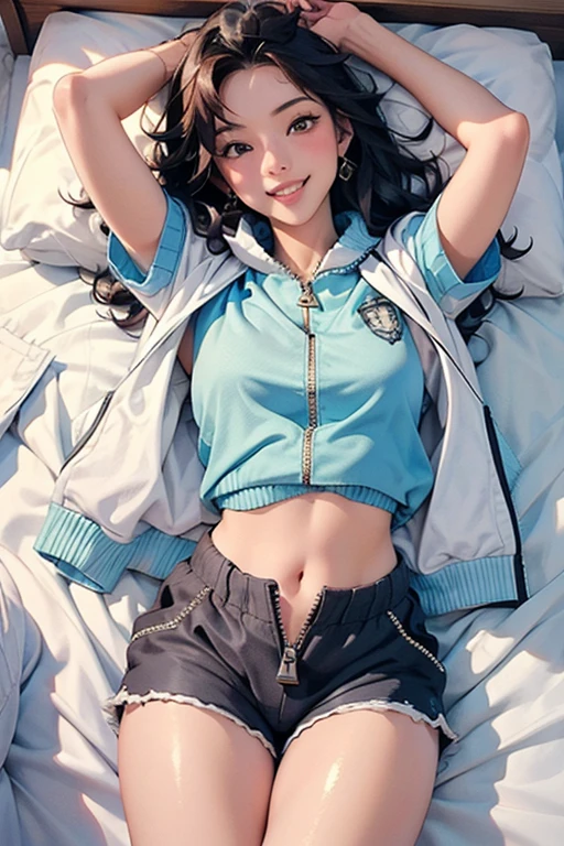 av idol. 29-years-old Japanese woman. very curvasious and medium breast. gold eyes. long black hair to her shoulders and bangs in the front. Red ribbon in her hair. Wearing a floral blue green lightning half t-shirt. exposing her navel. aqua blue short legging and socks. sitting on couch, texting on phone. not looking at camera.