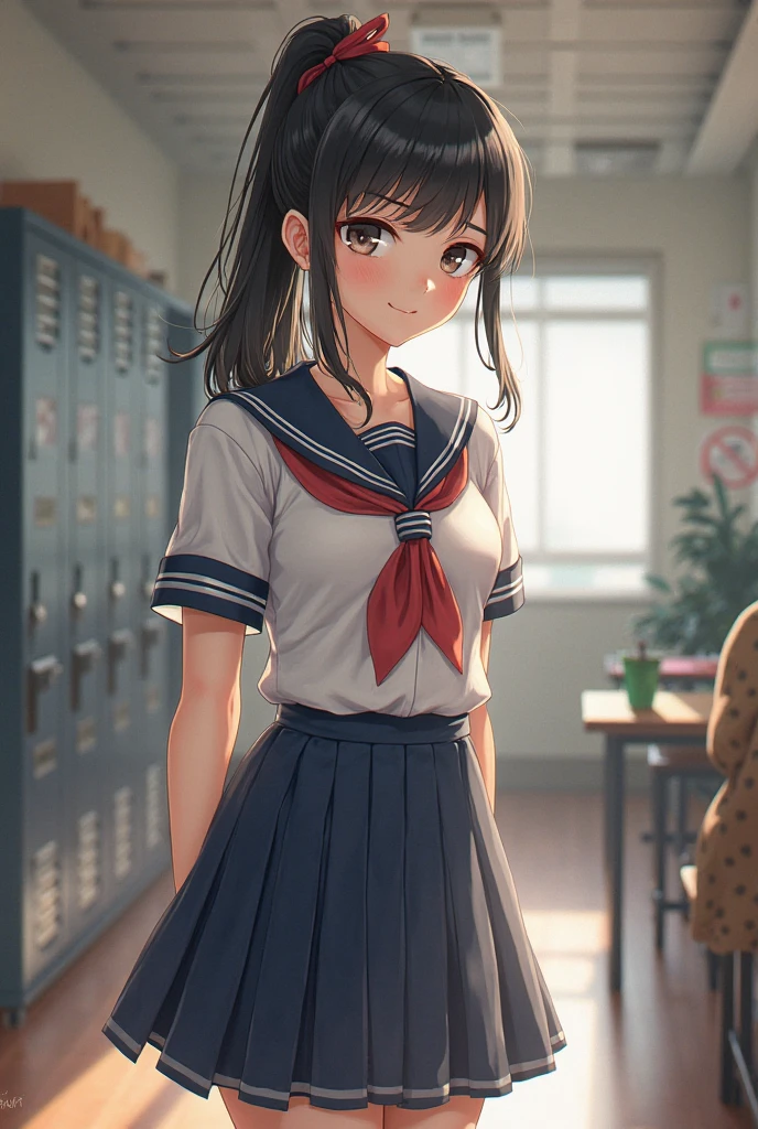 Girl with straight hair, medium build, plump and wearing a school uniform