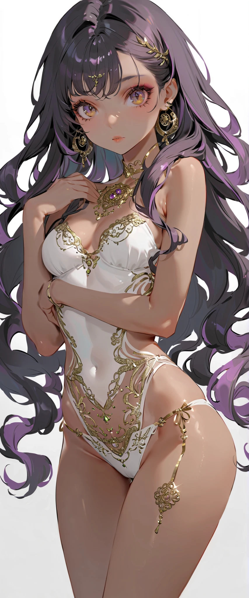 long hair, black hair, medium breast, slim legs, happy, white gown, cleavage, arabian belly dancer , skirt, rin tohsaka, twin tail, navel, garden, night, blue eyes, tiara, laying down