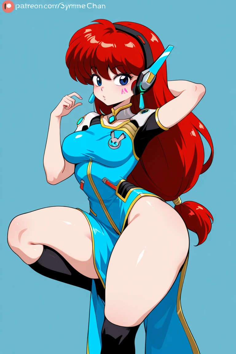 Ranma , makeup, pink eyeshadow, red lipstick, red hair, ranma hair, braided ponytail, mini skirt, beautiful, (masterpiece:1.2), (best quality:1.2), perfect eyes, perfect face, perfect lighting, 1girl, cropped legs, curvy, Sailormoon outfit, exposed midriff, white croptop, Chest bow, Tiara, long gloves, White Thighhighs, choker, hand on hip, huge breasts, smile, solo, thick thighs, Point of view from below, Can be seen under mini skirt, Exposed panties, showing panties and super tight thong
