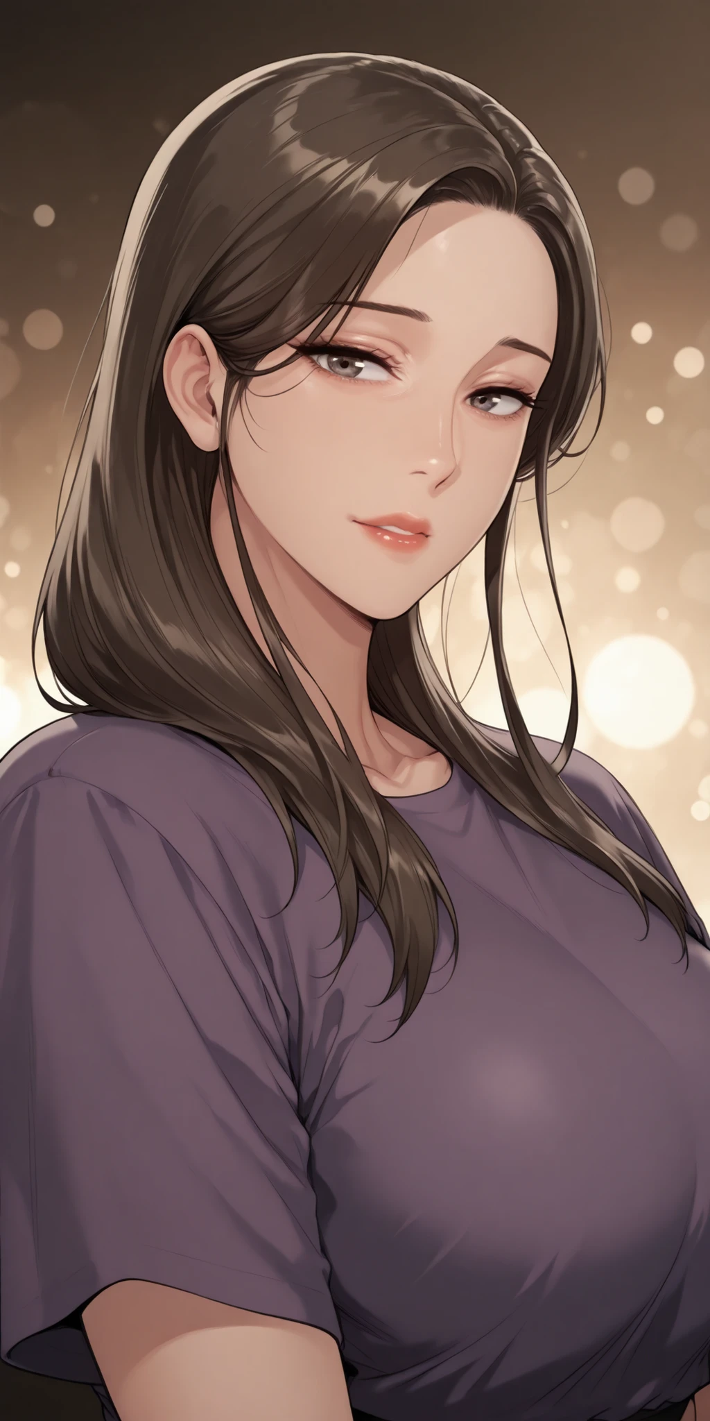 masterpiece, best quality, 8k wallpaper, hires, intricate details, soft lighting, studio shot, simple background, dynamic angle, bokeh background, rating_explicit, beautiful, upper body, looking at viewer, 1girl, solo, mature female, MrsAhn, brown hair, long hair, hair over shoulder, large breast, purple t-shirt, short sleeve, highly detailed