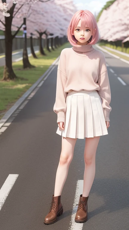 Pink knitted sweater with no cuffs at all,The pleated skirt can probably just hold 1/2 thighs covered