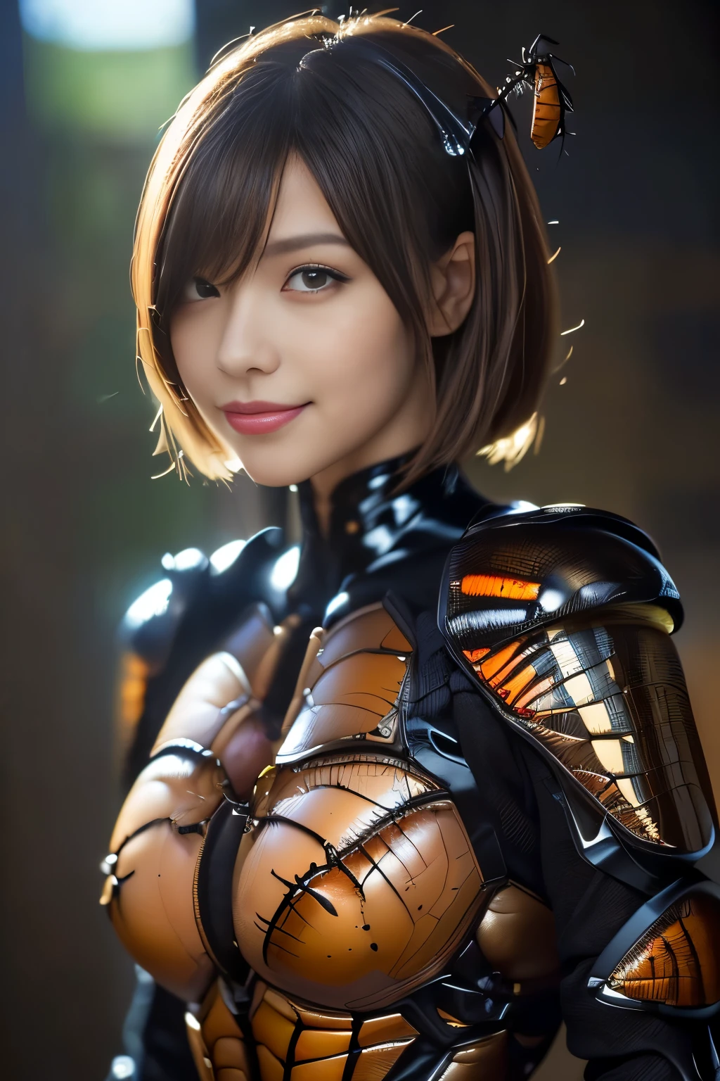 (High resolution,masterpiece,highest quality,Very detailed CG, anime, official art:1.4), realistic, photograph, amazing detail, everything is complicated, shiny and glossy,Amazing number of layers, 8K wallpaper, 3D, sketch, cute, figure,( alone:1.4), perfect female proportions,villain's daughter, (Fusion of dark brown cockroach and lady:1.4), (brown cockroach woman:1.2), (brown cockroach woman:1.2), (Fusion:1.2), (alone:1.4), (evil smile:1.2), muscular, abs, (Cockroach brown exoskeleton bio insect suit:1.4), (Cockroach brown exoskeleton bio insect armor:1.2), (brown transparent cockroach feathers:1.4), (Antennae of brown cockroaches:1.3),