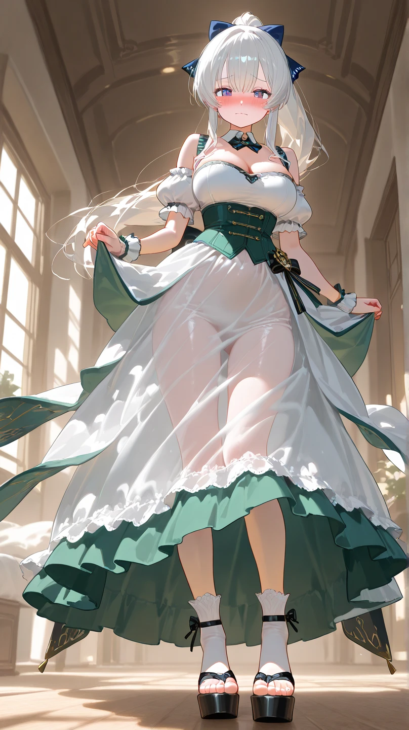 (masterpiece), best quality, perfect face, 1girl, mature woman, leaning forward, long grey hair, large breasts, hanging breasts, cleavage, narrow waist, ta, ultra short skirt, choker, very small shirt, green skirt, full body, white high heels, garters, lace stockings,long and slender legs, beautiful legs,erotic