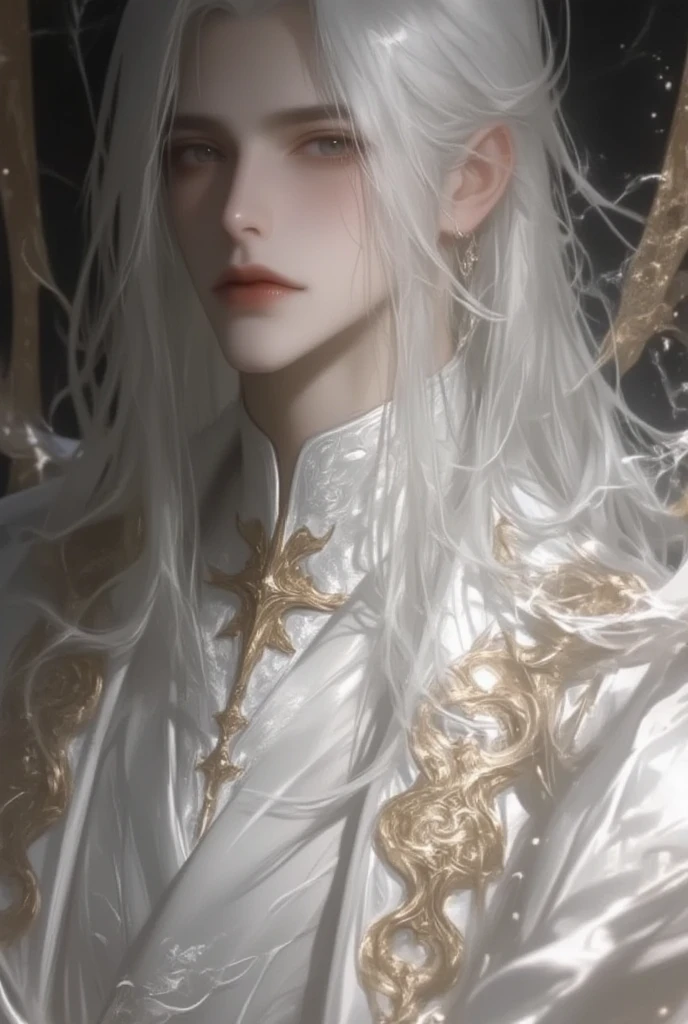ゴージャスな吸血鬼エイリアン男性のVery detailedな写真, Renaissance, Long white hair, Complex white eyes, Fantasy, Mysterious, Very detailedな, 32K resolution, Dynamic Lighting, Covered navel, Very detailed, Exquisitely crafted, Talked about at the art station, White luxury suit, Volumetric lighting, Balenciaga Style