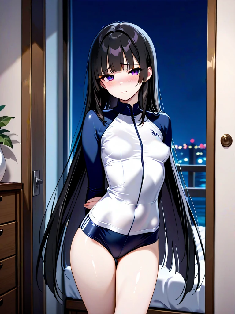 top-quality、Full limbs、complete fingers、Slender beauty、ssmile、Wearing a school swimsuit、darkened room、Lean forward and look at me、Put your hands on your buttocks、Raking up your hair