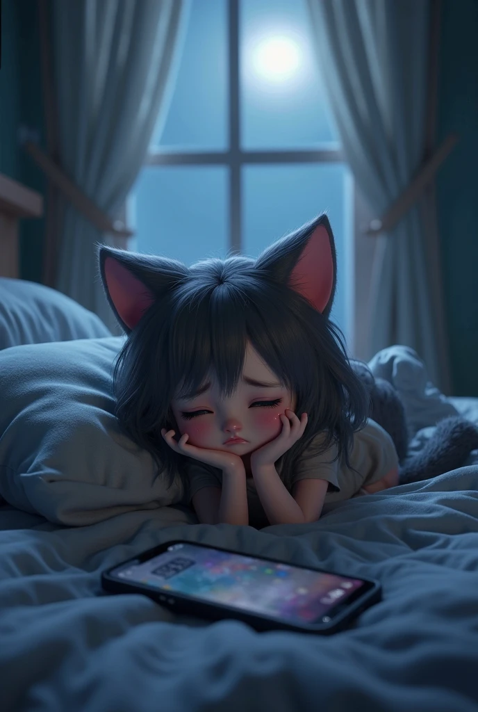 A cat and a girl are sleeping together on a bed. Her smartphone is left on the bed and she is wearing headphones.