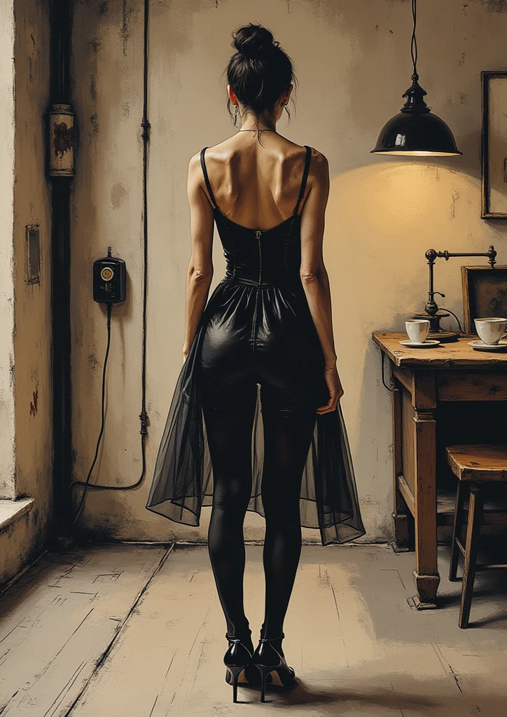 (best quality,4k,8k,highres,masterpiece:1.2), ultra-detailed, full body, (realistic,photorealistic,photo-realistic:1.37), hyper-realistic art, detailed background, a 15-year-old girl, beautiful fair skin with Irish facial features, long ginger hair, wearing very short black silk pajamas open to the waist, in the kitchen, with her back turned towards the viewer, looking over her shoulder at the viewer, leaning on the kitchen table, looking at the viewer, smiling at the viewer.
