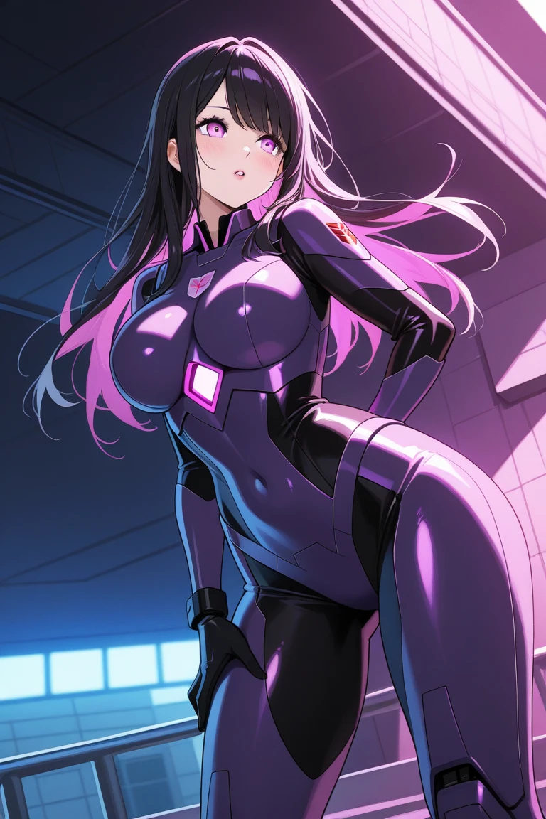 black sci-fi armor, black hair,  violet eyes, gigantic breasts, black pistol, solo, standing, ultra-detailed(best quality,highres:1.2), ultra-detailed eyes, smiling