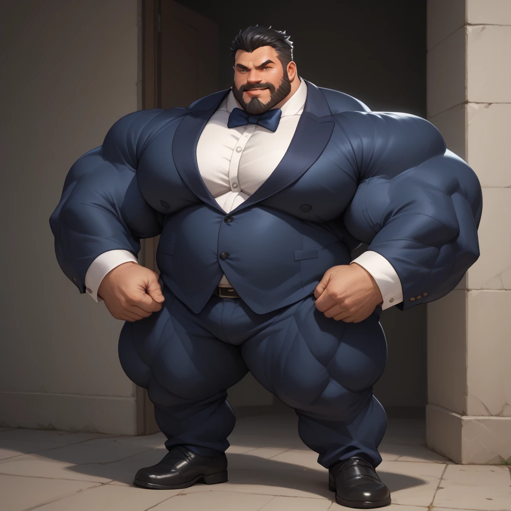 The Big show as a bodybuilder with enormous muscles, wide huge pectorals, wearing formal clothes, hairy chest, full body, abnormal, oversizing crotch bulging crotch