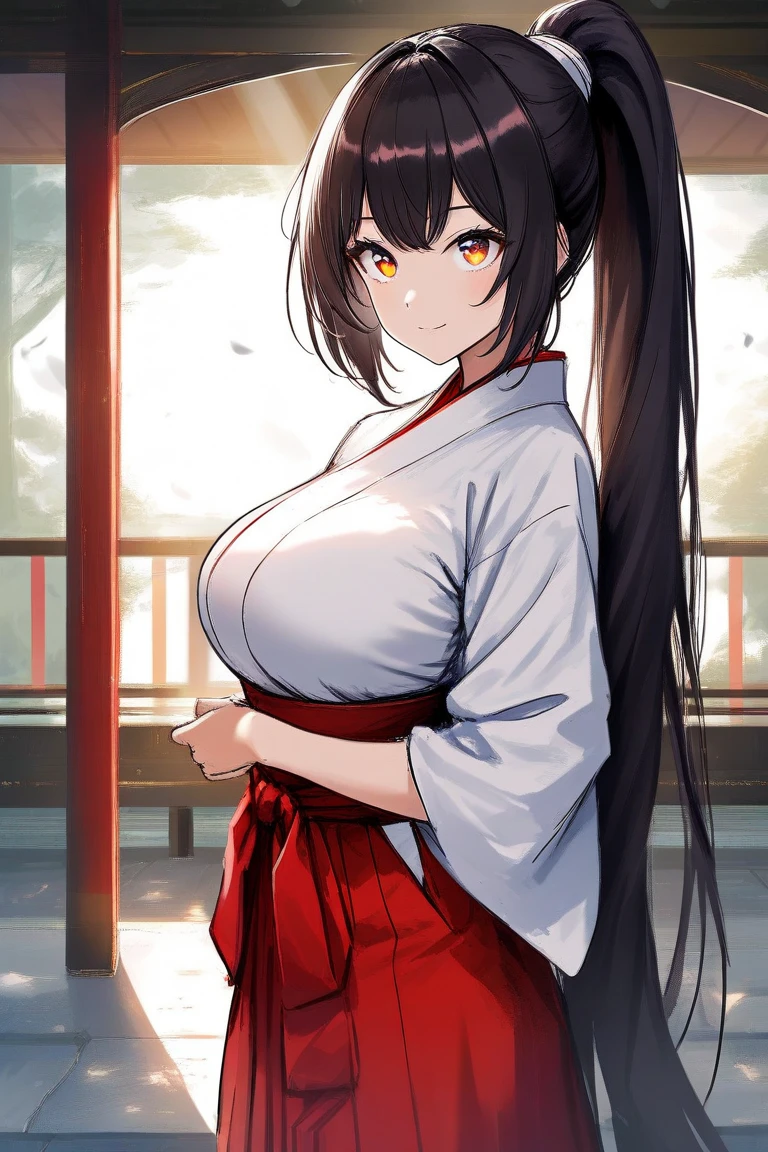 Simple White Background,
red_Hakama with white_kimono,japanese clothes,
Purple eyes, Black hair, parted bangs, Long_hair, High ponytail, dark skin, parted bangs
1 girl, 23yo,Young female,Beautiful long legs,Beautiful body, dark skin
Beautiful Nose,Beautiful character design, perfect eyes, perfect face,expressive eyes,perfect balance,
looking at viewer,(Focus on her face),closed mouth, (innocent_big_eyes:1.0),(soft_Smile:0.3),
official art,extremely detailed CG unity 8k wallpaper, perfect lighting,Colorful, Bright_Front_face_Lighting,White skin,
(masterpiece:1.0),(best_quality:1.0), ultra high res,4K,ultra-detailed,
photography, 8K, HDR, highres, absurdres:1.2, Kodak portra 400, film grain, blurry background, bokeh:1.2, lens flare, (vibrant_color:1.2),professional photograph,
(Beautiful,large_Breasts:1.4), (beautiful_face:1.5),(narrow_waist),