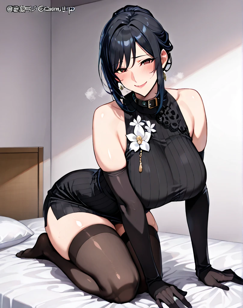 Cute Girls、Japanese、Sitting in a chair、Attractive breasts、dress、black tights、See-through underwear、Short Bob
