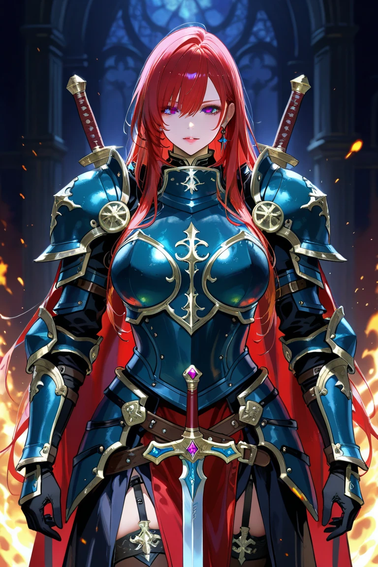 red-haired beauty knight,Short ponytail,Chest,cleavage,black tights,Red sci-fi armor,Long skirt,iron boots,Great sword,medieval european city(masterpiece, best quality, high quality, High resolution, Extremely detailed),