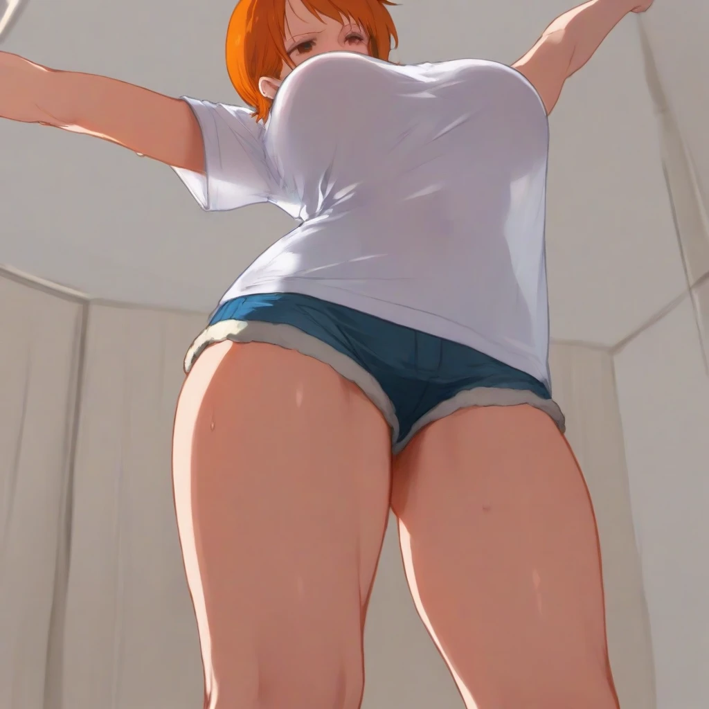 score_9,score_8_up, score_7_up,source_anime.superior,from below,face below view,straight-on. .,mediumshot, masterpiece,bestquality, Highest quality, (mature) ,(One girl), Outdoor, Green Eyes, Orange Hair, Side Ponytail, Yellow Shirt, Sleeveless shirt,belly button, Denim shorts, suspenders, Captivating look, Seductive expressions, slender, delicate curves, ,(under_boob),(superfineillustration,finely detail),(absurdres),(shirtlift),shirt pul,(mid),