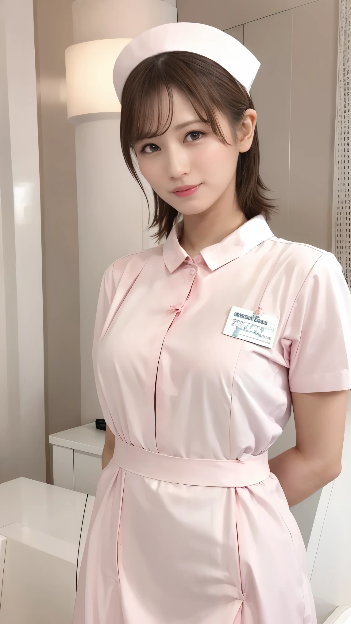Highly detailed CG Unity 8k wallpaper, With the highest quality, super detailed, master piece, Realistic, photos realistic, extremely detailed cute girl, 25 years old, ((Nurse)) , blush , Round eyes, medium breasts, chubby, looking viewer, Cowboy Shot , (Standing side of hospital medicine cabinet) , (showing bra) ,wearing lab coat,shoot from the side