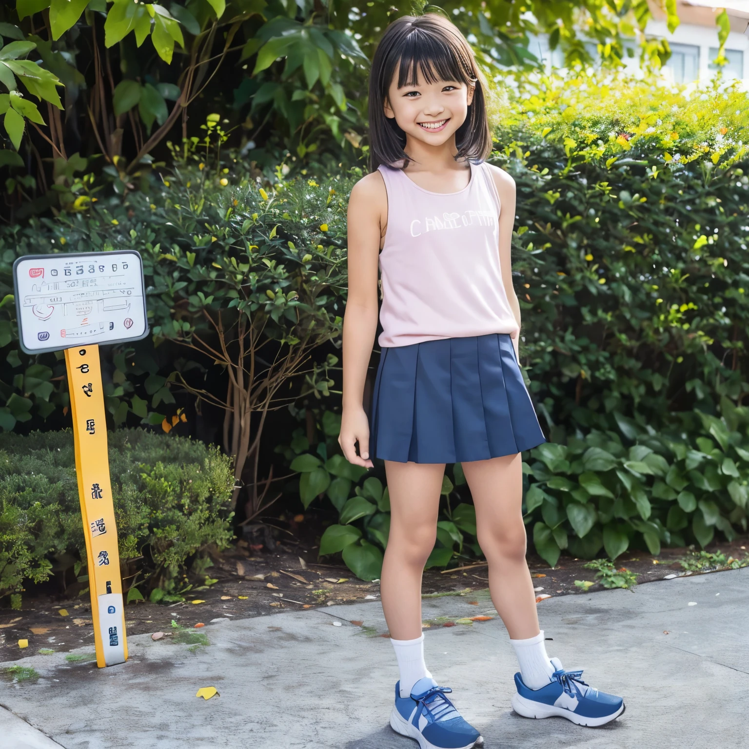 filling machine that divides Canadian、( there is 1 cute elementary school student ) 、((Full body )), high image quality, masterpiece, accurate, (( pastel colored tank top t-shirt )), ( Pastel Westcross ), red cheeks , best quality, smile, Looking Realistically , ( 医学的にaccurate ), camera ,(( 究極的にかわいいsmile )), school playground