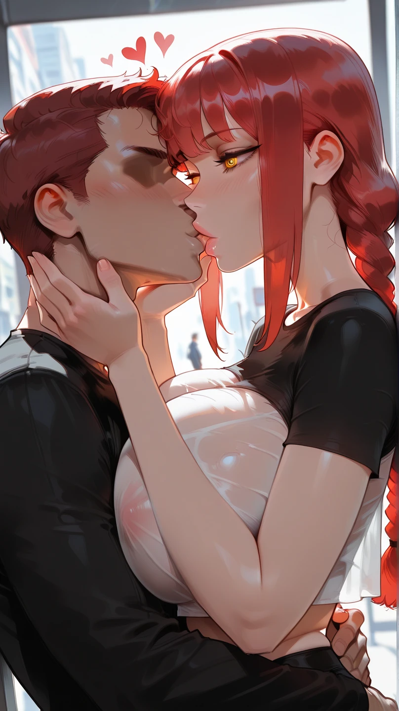 (masterpiece), perfect face, high res, beautiful face, 4k, UHD, score_9, score_8_up, perfect digital artwork, 1girl, cropped shirt, Makima, huge breast, ringed eyes, red hair, braided ponytail, bangs, yellow eyes, sidelocks, medium hair, long hair, lips kissing, hearts, solo, looking at partner, slender belly, perfect lighting, 1man, faceless male, hug, passionate kissing, deep kiss, caressing hair, dynamic angle, public, (sfw), wholesome, see through, no bra,
