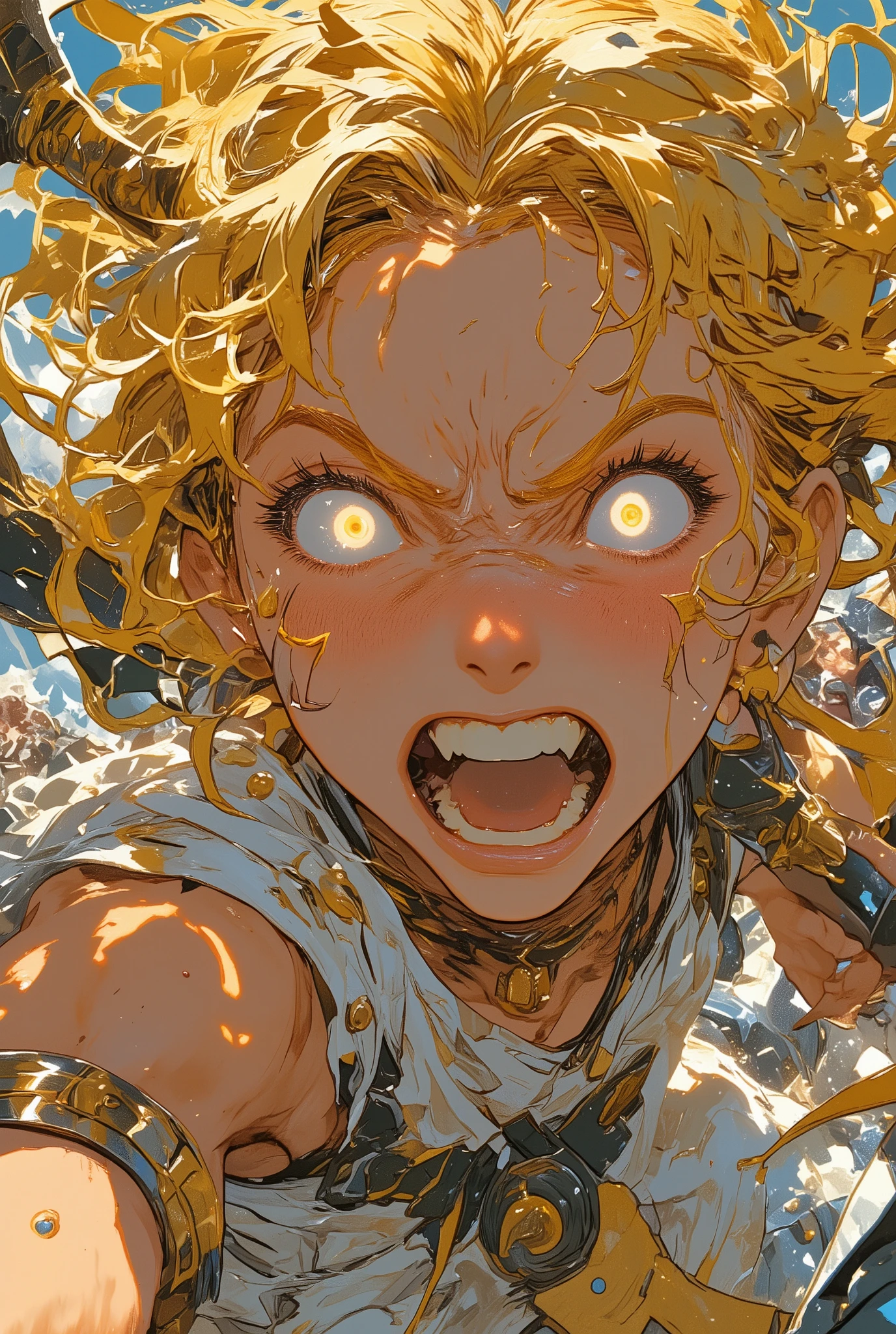 photo-realistic cinematic scene, a classical goddess with golden hair and a white toga kneels beside a sacred forest spring, looking down at a refrigerator submerged in the polluted water, her expression filled with quiet sorrow and disbelief, the spring is completely overwhelmed with garbage—mountains of plastic bags, fast food containers, broken televisions, rusted bicycles, soggy cardboard, old shoes, mattresses, microwaves, beer cans, and shattered glass bottles, sunlight filters through the trees above, illuminating the divine figure surrounded by modern waste, a haunting contrast between ancient grace and human negligence, emotionally heavy, ultra detailed, masterpiece, best quality, aidmamj6.1