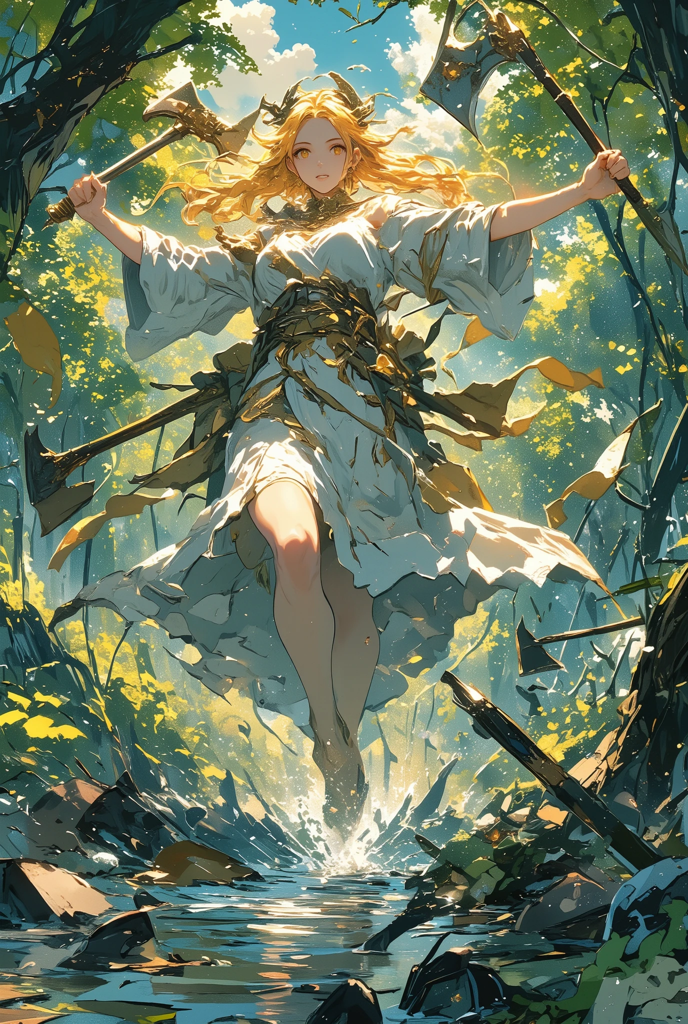 photo-realistic cinematic scene, a classical goddess with golden hair and a white toga kneels beside a sacred forest spring, looking down at a refrigerator submerged in the polluted water, her expression filled with quiet sorrow and disbelief, the spring is completely overwhelmed with garbage—mountains of plastic bags, fast food containers, broken televisions, rusted bicycles, soggy cardboard, old shoes, mattresses, microwaves, beer cans, and shattered glass bottles, sunlight filters through the trees above, illuminating the divine figure surrounded by modern waste, a haunting contrast between ancient grace and human negligence, emotionally heavy, ultra detailed, masterpiece, best quality, aidmamj6.1