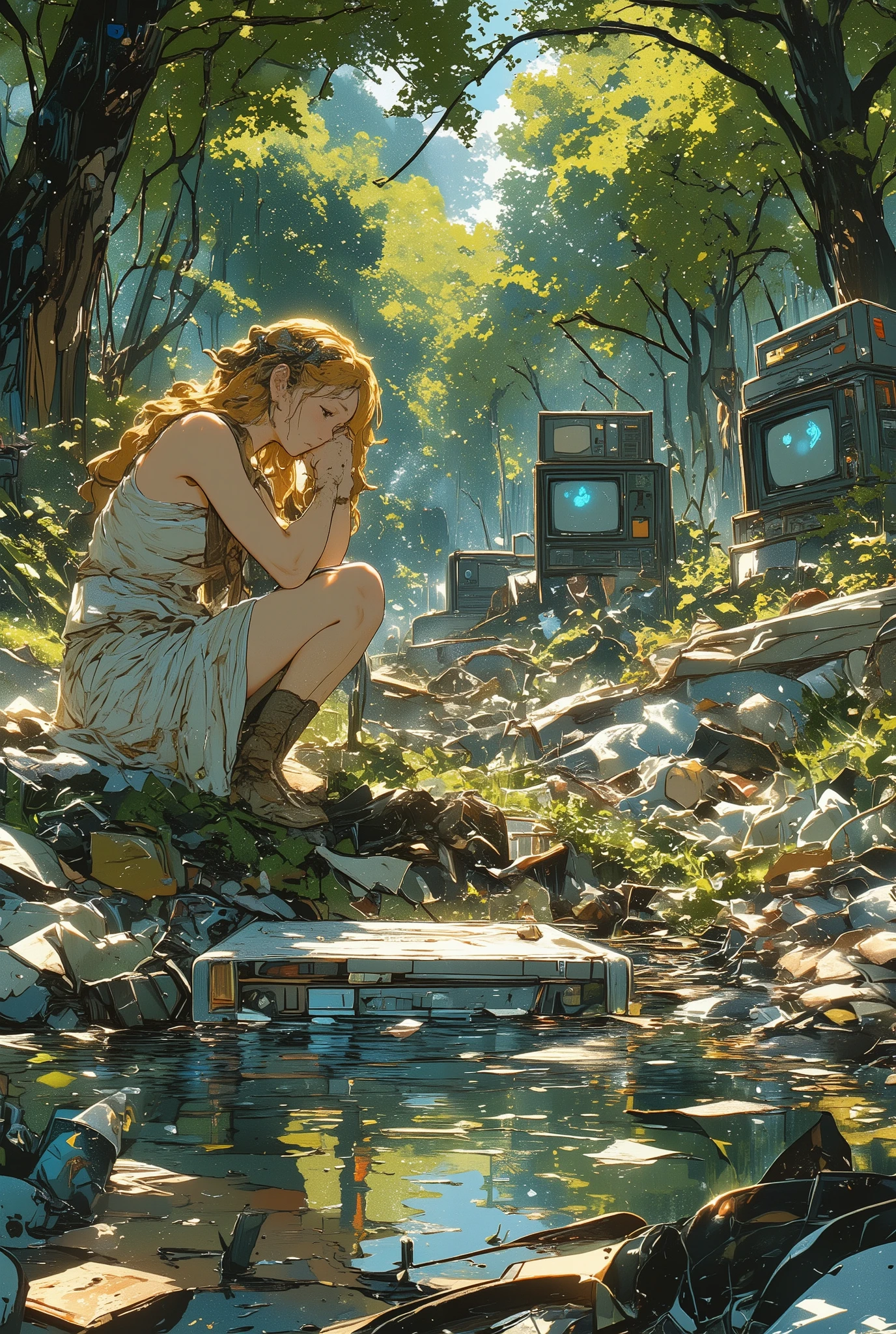 photo-realistic cinematic scene, a classical goddess with golden hair and a white toga kneels beside a sacred forest spring, looking down at a refrigerator submerged in the polluted water, her expression filled with quiet sorrow and disbelief, the spring is completely overwhelmed with garbage—mountains of plastic bags, fast food containers, broken televisions, rusted bicycles, soggy cardboard, old shoes, mattresses, microwaves, beer cans, and shattered glass bottles, sunlight filters through the trees above, illuminating the divine figure surrounded by modern waste, a haunting contrast between ancient grace and human negligence, emotionally heavy, ultra detailed, masterpiece, best quality, aidmamj6.1