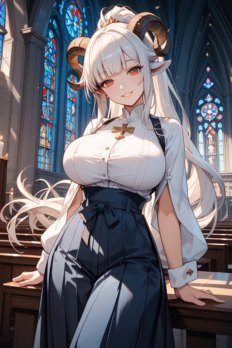 highest quality、One girl、Huge breasts:1.7、Long Breasts:1.7、Saggy breasts:1.5、Light brown hair、Side Tail、Cow ears and horns、Heart symbol、Sigh、Mom、Married Woman、Mature Woman:1.3、In heat、The right eye is covered by the bangs、Sister、Black monastic vestments、church、Stained glass、Prayer pose with hands together、Are standing、Nuns、cross、With slits、The cleavage of the clothes is open