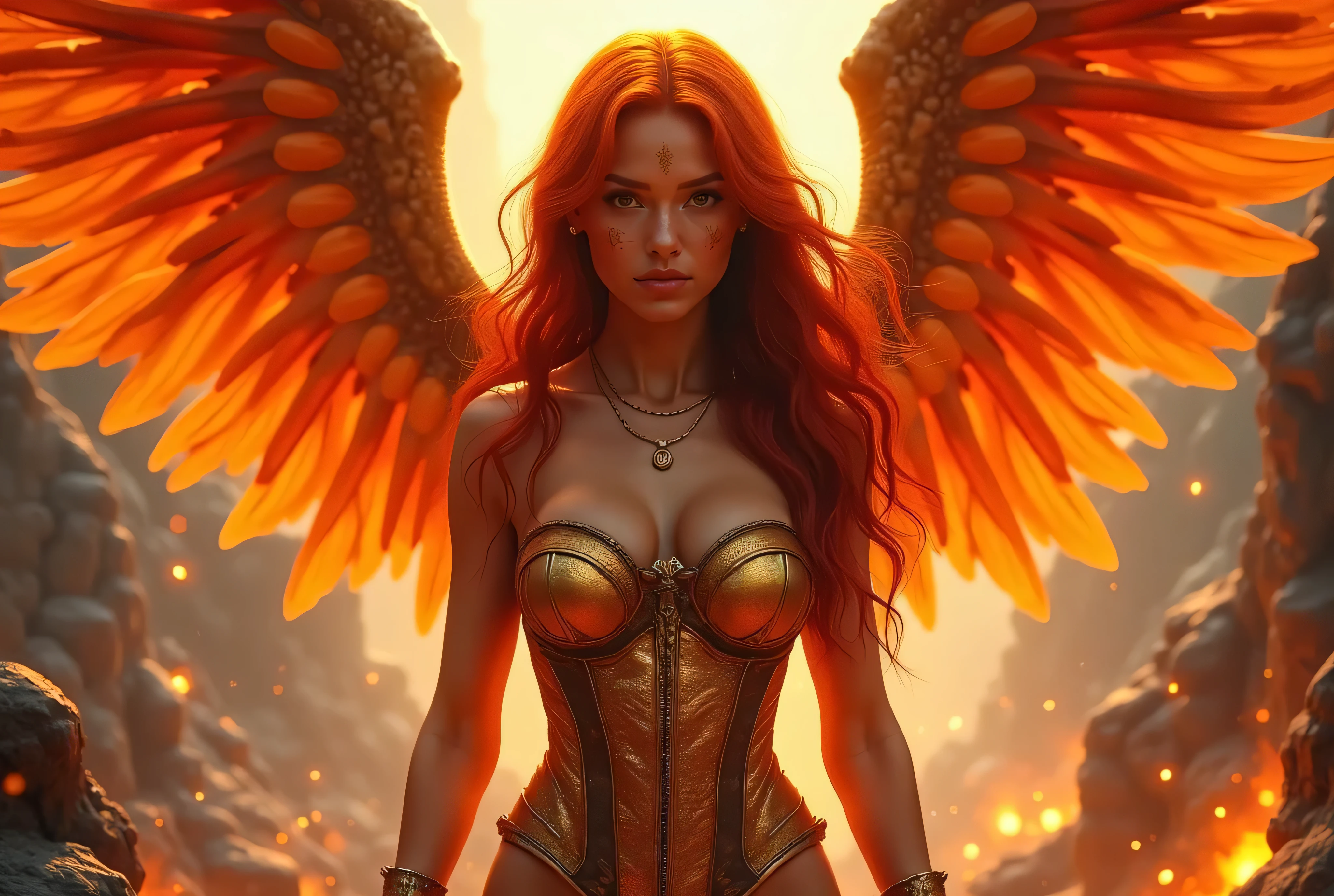 Seductive and Beautiful young woman with a soul of pure evil and hatred. Alluring ponytailed ginger supervillainess with fire blast powers. Attacking a city snd killing random people. A sinister smirk crosses her glossy lips. Flaming angelic wings and a Skintight black and orange costume accentuate her curves.